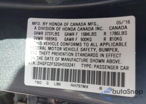 2016 Honda Civic Lx из США, поврежденный, VIN 2HGFC2F52GH553241